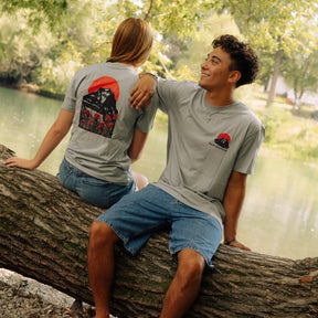 Sunset Red Dot woodcut tee - front chest logo and full back print