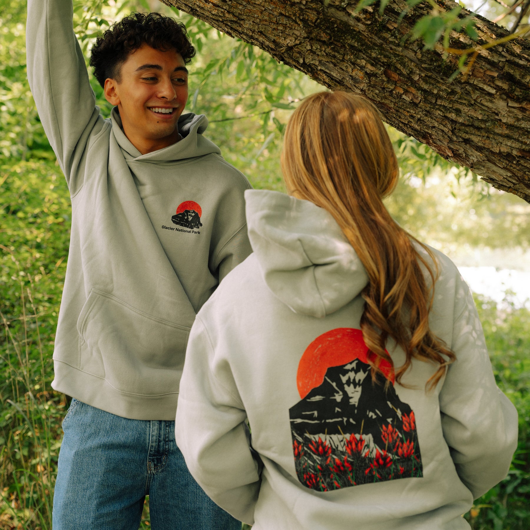 Sunset Red Dot woodcut hoodie - front chest logo and full back print